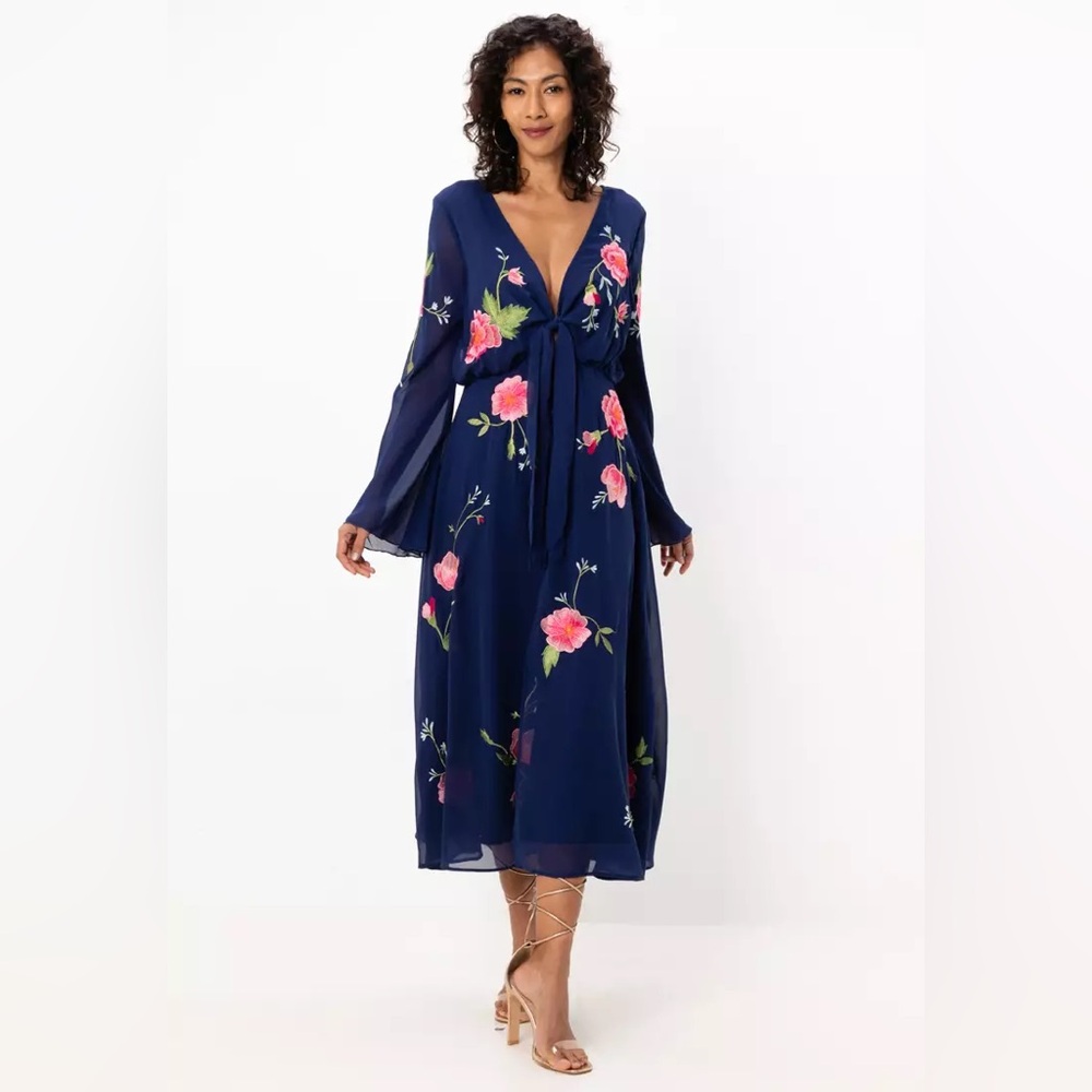 ASOS Design Tie Front Button Through Floral Embroidery Navy Midi Dress Size 6